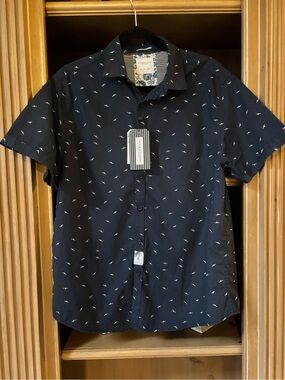 Denim & Flower Mens Button Up Shirt Blue White Birds Pocket Cotton NWT L